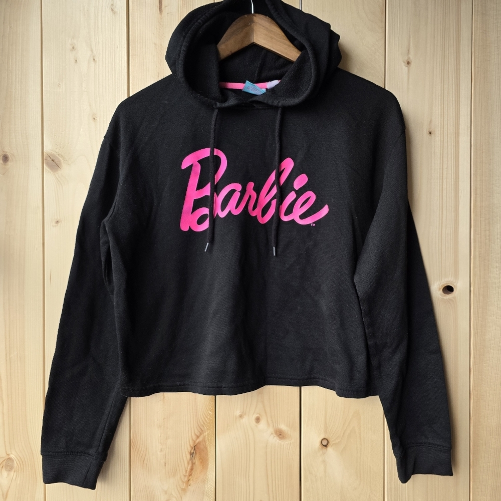 Barbie Black Pink Cropped Pullover Hoodie Womens Medium